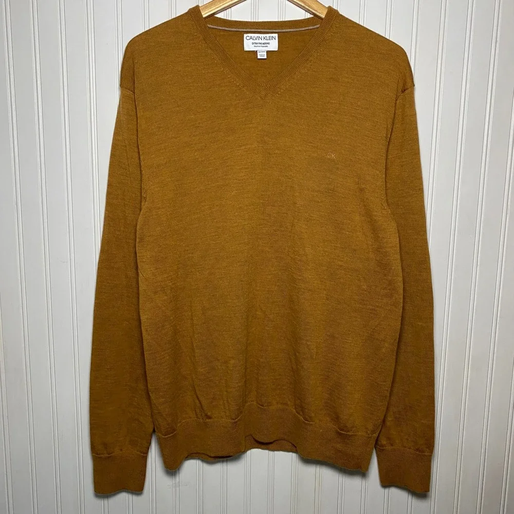 Calvin Klein 2XL Extra Fine Merino Wool Caramel Brown Preppy Minimalist Sweater